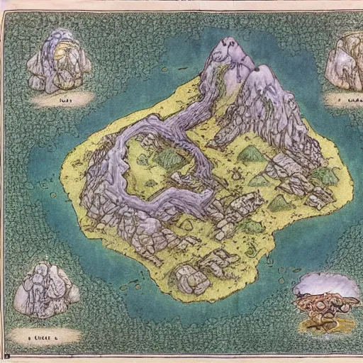 Image similar to an isometric fantasy map, simple, uncluttered, minimal, the land of Odrua, continent with mountains lakes hills and cities, by brian froud by jrr tolkien