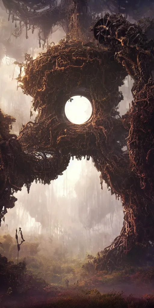 Image similar to humongous techno - tree portal on a big steampunk planet, spooky, art by pixar, smooth, beautiful art, masterpiece, artistic landscape, cinematic, wet reflections, ray tracing x, rtx, smooth