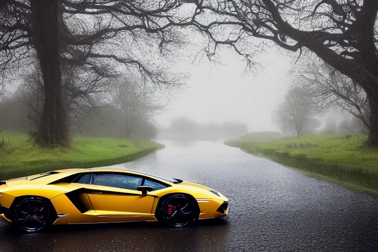 Prompt: a landscape photograph of a lamborghini aventador driving through a vast serene landscape on a rainy day, river, trees, beautiful lighting, by lee madgwick