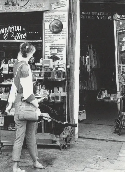 Prompt: a vintage photo of an alien shopping in old Batavia city