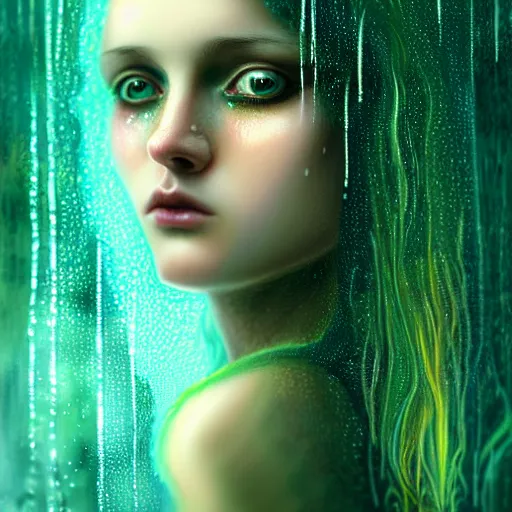 Prompt: girl in rain with wet hair and face, teal luna moth wing, fantasy, intricate, elegant, dramatic lighting, emotionally evoking symbolic metaphor, highly detailed, lifelike, photorealistic, digital painting, artstation, concept art, smooth, sharp focus, illustration, art by John Collier and Albert Aublet and Krenz Cushart and Artem Demura and Alphonse Mucha