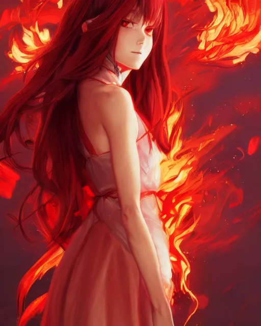 Image similar to red eyed beautiful long haired anime girl, red dress, full body photo, flames everywhere, highly detailed, digital painting, artstation, concept art, smooth, sharp focus, illustration, art by artgerm and greg rutkowski and alphonse mucha