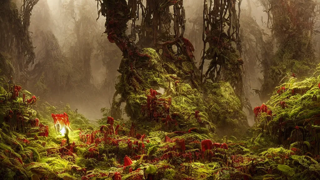 Prompt: dramatic Photorealistic dramatic Landscape Matte painting,Looking through deep inside an Alien planets dense red forest,a lone astronaut in a white spacesuit with lights is exploring outside a gigantic crashed derelict spaceship,hundreds of tall gigantic monster carnivorous Red Venus Flytrap plants and glowing bulbs,translucent wet and slimy plant life by Greg Rutkowski,Craig Mullins,Fenghua Zhong,a misty haze,Beautiful dramatic moody nighttime lighting,Cinematic Atmosphere, Volumetric Lighting,Terragen,Octane Render,8k