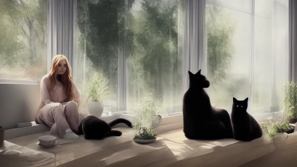 Image similar to peaceful dreamy painting of a beautiful young woman sitting with her black cat, detailed face, sunshine coming through the window, small plants on the window sill, 8k, hyper realism, trending on artstation, octane render, dynamic lighting