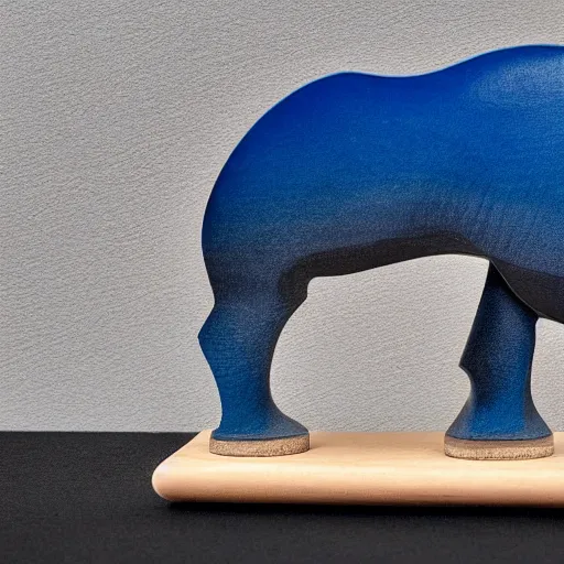 Image similar to a zoomed out studio product shot of a minimalist carved hippopotamus, carved from a glued block of 5 0 % cherry wood and 5 0 % blue resin, in profile, like a catalog photograph, mostly wood, with a smooth featureless minimalist look