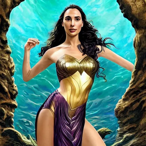 Image similar to Full body photo of the beautiful woman Gal Gadot as a siren, she is swimming under the sea, she is leading a variety of school of fish, she has a glow coming from her, she is getting illuminated for rays of light that cross the sea, the photo was taking by Annie Leibovitz, matte painting, oil painting, naturalism, 4k, 8k