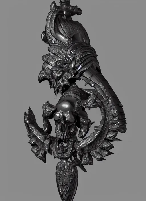 Image similar to a black long sword skull crest, orthographic, ornament, weapon, a 3 d render by dom qwek, front side views full, trending on polycount, artstation, hard surface modeling, rendered in maya, 3 ds max, blender, hd, vray, dark souls