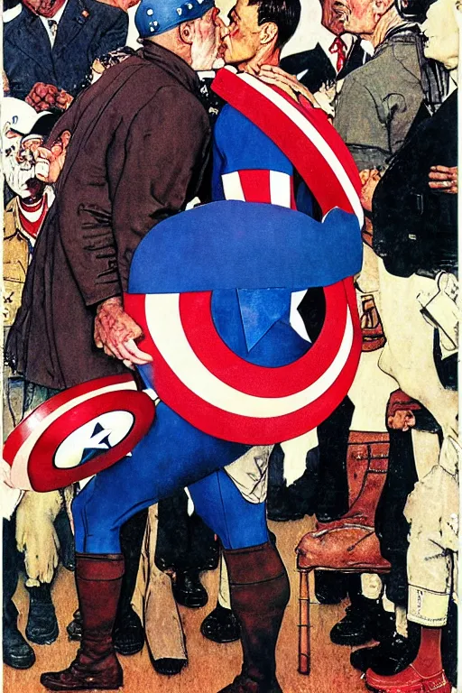 Image similar to norman rockwell painting of captain america kissing donald trump