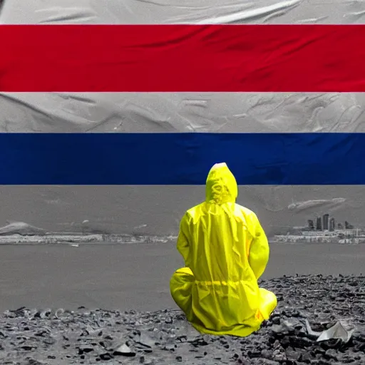 Image similar to a beautiful award-winning photo of the last man on Earth wearing a hazmat suit sitting near the flag of Argentina, serene idyllic post-nuclear background, a mirage of a skyline of a destroyed city, volumetric lighting, very high quality, extremely detailed, subtle visual noise, 8K