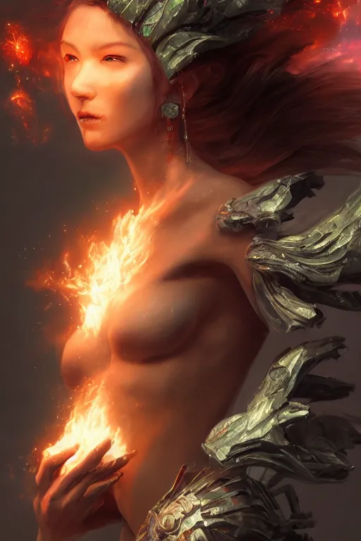 Image similar to torso closeup beautiful girl necromancer, witch - doctor exploding into space casting spell, angels, 3 d render, hyper - realistic detailed portrait, holding fire and electricity, ruan jia, wlop. scifi, fantasy, magic the gathering, hyper detailed, octane render, concept art, peter mohrbacher