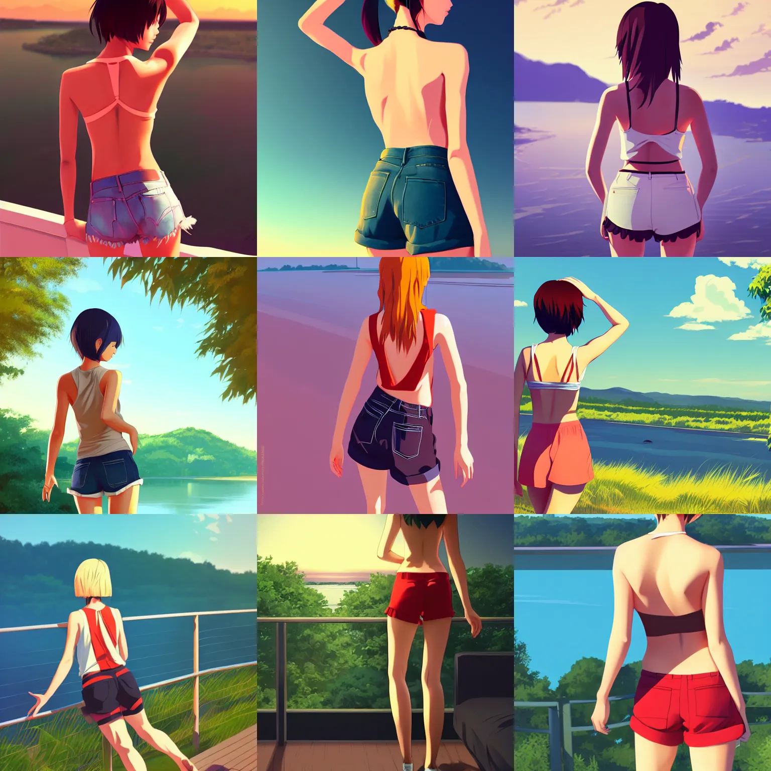 Prompt: girl wearing a low cut tanktop and shorts, hand on her hips, seen from the back, scenic view of river, in the style of ilya kuvshinov, 3 d, high definition anime art, gorgeous, sexy, curvacious