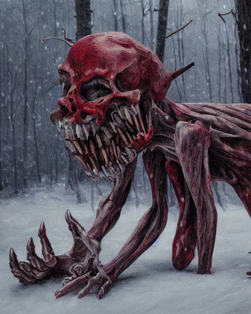 Image similar to Horrifying detailed painting of a pale, emaciated humanoid creature. It has sharp teeth and claws with pale milky eyes; snow, woods, blood; dark cinematic lighting, hyper detailed, moody