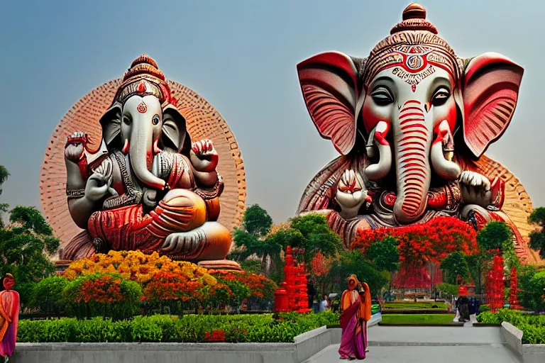 Prompt: magnificent futuristic new delhi, sharp biophilic ganesha!! building, kalighat flowers, highly detailed, stephen shore & john j. park, cinematic light, wide shot, ground angle, uhd 8 k, sharp focus