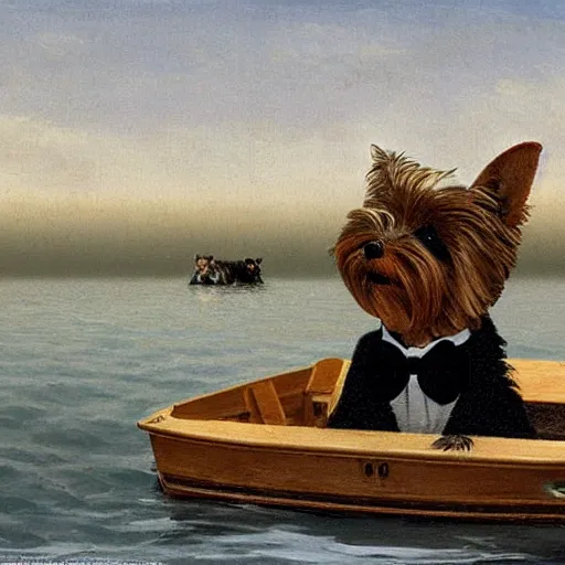 Image similar to a Yorkshire terrier on a boat wearing a black bow tie, extremely detailed masterpiece, illustration, by Michael Sowa,