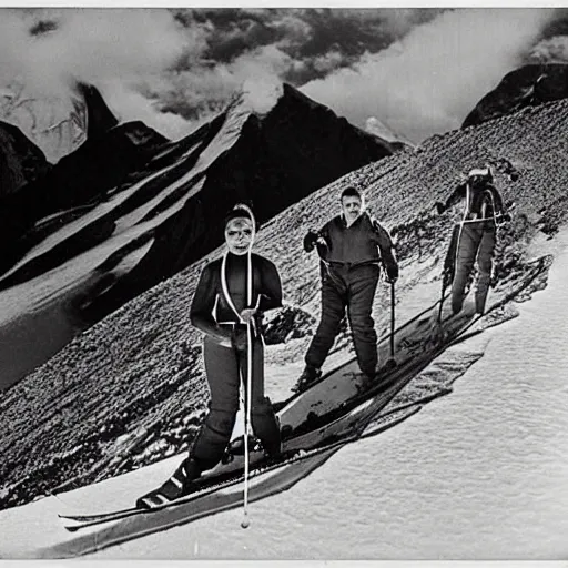 Prompt: b&w photo of Frida kahlo and Salvador Dali skiing down mount Everest