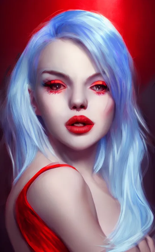 Image similar to the prettiest woman with silver blue hair, in a red and white dress portrait, dynamic lighting, fantasy concept art, trending on art station, stunning visuals, creative, cinematic, ultra detailed, ray tracing, sun rays, hyper realistic