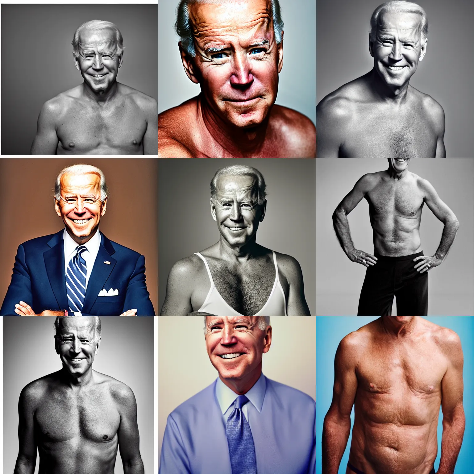 Prompt: Photo of Joe Biden in swimsuit, soft studio lighting, photo taken by Martin Schoeller for Abercrombie and Fitch, award-winning photograph, 24mm f/1.4
