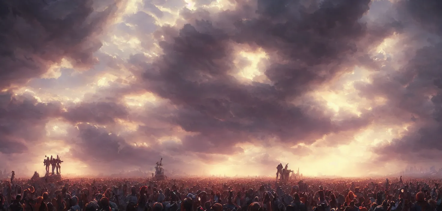 Image similar to painting of a crowd with raised arms pointing toward, cinematic view, epic sky, detailed, concept art, low angle, high detail, warm lighting, volumetric, godrays, vivid, beautiful, trending on artstation, by jordan grimmer, huge scene, art greg rutkowski