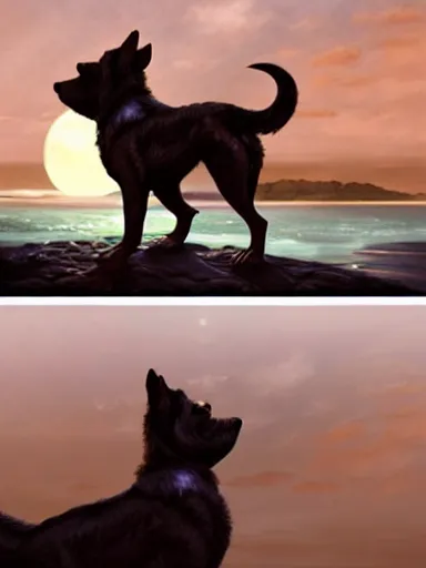 Image similar to two dogs howling at the moon, looking at the ocean the ocean. intricate, elegant, highly detailed, digital painting, artstation, concept art, sharp focus, illustration, by justin gerard and artgerm, 8 k