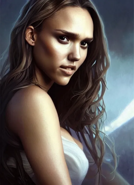 Prompt: Jessica alba face mixed with Nathalie Portman, the pure white demon, overlord, overlord season 4, body portrait, slight smile, highly detailed, digital painting, artstation, concept art, sharp focus, illustration, art by wlop and greg rutkowski and alphonse mucha and artgerm