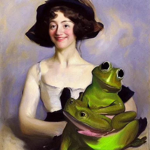 Prompt: a painting of a smiling lady with her giant pet frog, by john singer sargent,