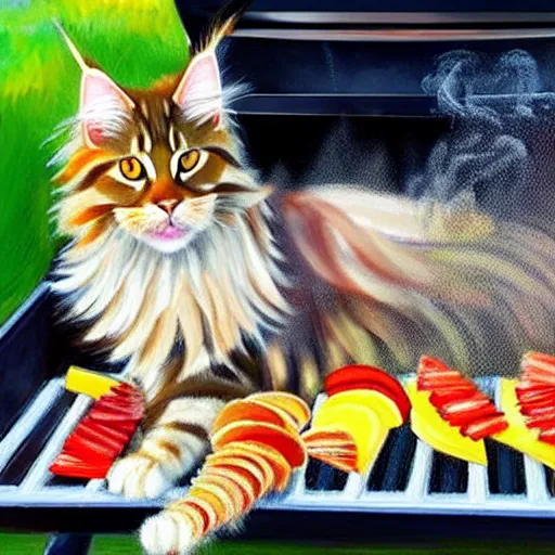 Image similar to beautiful impressionist painting of an ginger maine coon with a white beard cooking a bbq outside