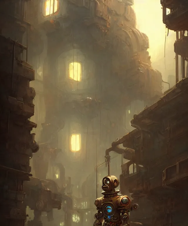 Prompt: an rusty old vintage sci - fi robot, standing an abandoned alleyway, dnd character art portrait, matte fantasy painting, deviantart artstation, by jason felix by steve argyle by tyler jacobson by peter mohrbacher, cinematic lighting