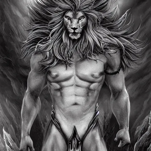 Prompt: aesthetic portrait commission of a albino muscular and attractive anthro lion as a satanic muscular overlord with mane fur turning into cosmic red fire and black smoke in the volcanic burning clouds, fantasy art, hyperdetailed. Character design by charlie bowater, ross tran, artgerm, and makoto shinkai, detailed, inked, western comic book art, 2021 award winning painting