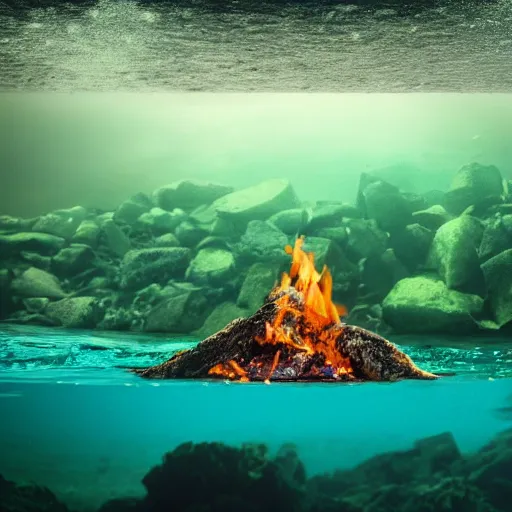 Image similar to photo of a camp fire underwater, highly - detailed, cinematic