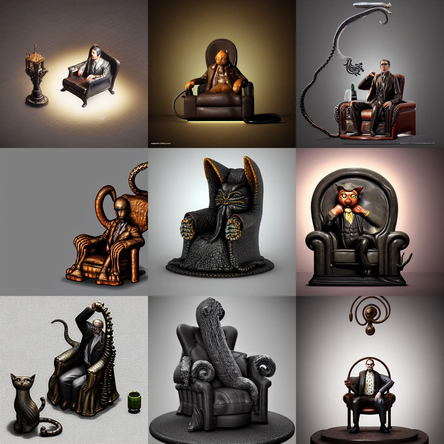 Prompt: isometric view 2 8 mm miniature statue - cat lap on howard phillips lovecraft dressed suit sit in tall leather armchair pet, big tentacle as circle lie on floor, and wall darkness, cast iron material, black background, octane render, backlight, highly detailed intricate matte sharp focus digital painting artstation pixiv