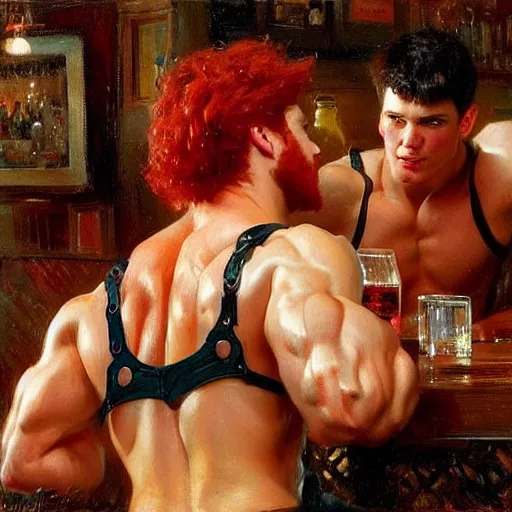 Image similar to attractive muscular male with red hair and muscular attractive male with black hair, drinking their hearts out, in a pub. very defined and highly detailed painting by gaston bussiere, j. c. leyendecker, craig mullins 8 k