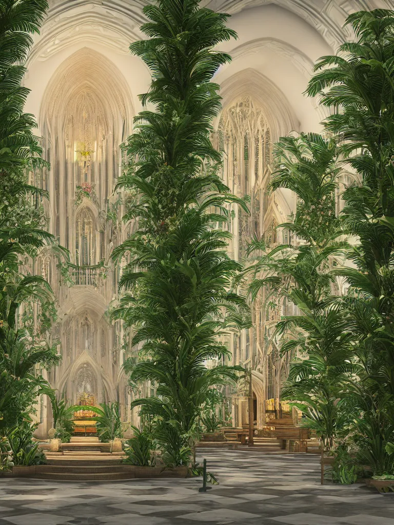 Prompt: grand cathedral interior with koi pond in the middle surrounded by palm trees, ivy, flowers, tropical plants, roses, and with archways, rendered in octane render with photorealistic soft volumetric lighting, cinematic, symmetrical