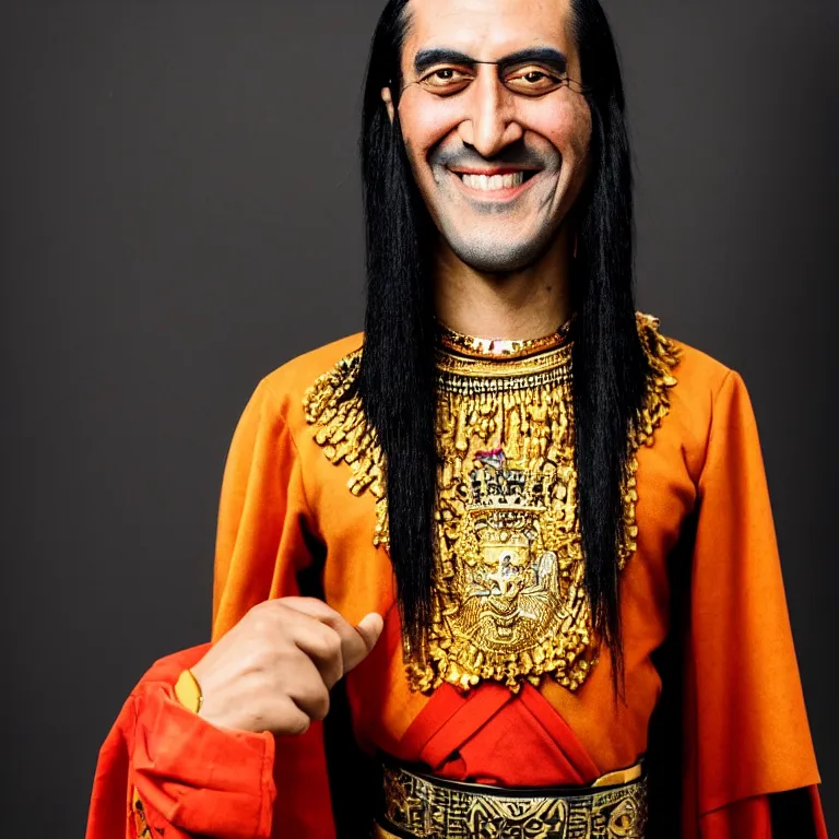 Prompt: A photo of Emperor Kuzco!!!!!!!!!!!!!!!! with his black long hair, face shaved and smiling with confidence wearing his emperor clothes. Portrait by Terry Richardson. Golden hour. 8K. UHD. Bokeh.
