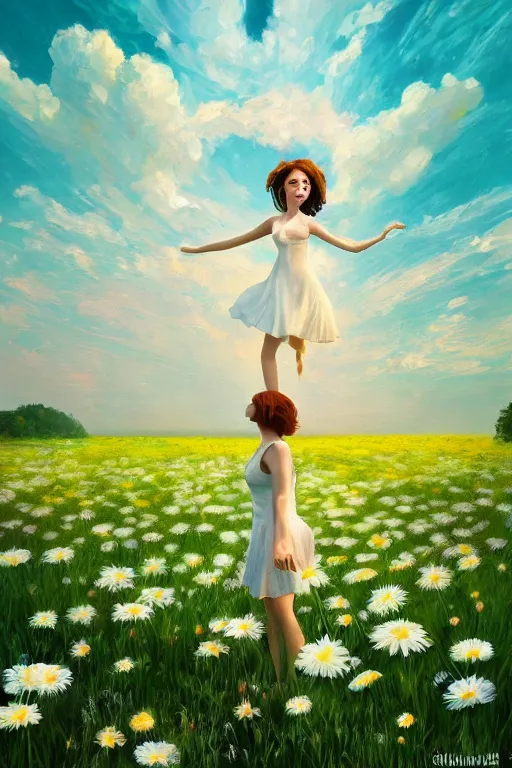 Image similar to giant white daisy flower as head, girl dancing in a flower field, surreal photography, sunrise, dramatic light, impressionist painting, colorful clouds, digital painting, artstation, simon stalenhag