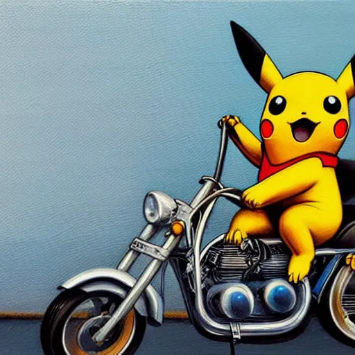 Image similar to pikachu riding motorcycle, nestor canavarro hyperrealist art style, sharp brushstrokes