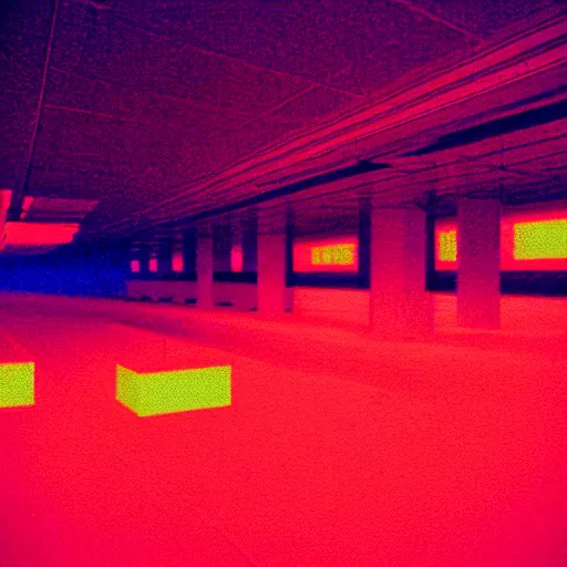 Prompt: noisy color photograph of a retrofuturist liminal space, dark pit, glitch in the matrix, minimalist, cinematic, soft vintage glow