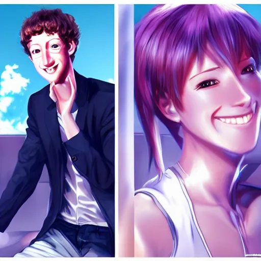 Image similar to a very beautiful young mature anime mark zuckerberg, full body, joyful smile, human emotions, robotic body, bikini, miniskirt, highly detailed, cinematic wallpaper by stanley artgerm lau