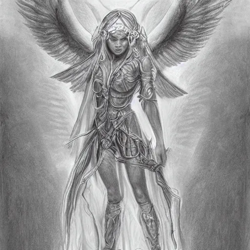Image similar to angelic possessed maiden, daughter of the highest archangel glasyalabolas, pencil detailed drawing, fantasy concept art