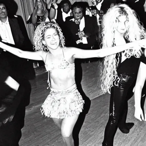 Image similar to Shakira dancing the cookie monster dance, in a nightclub, 1990 photograph