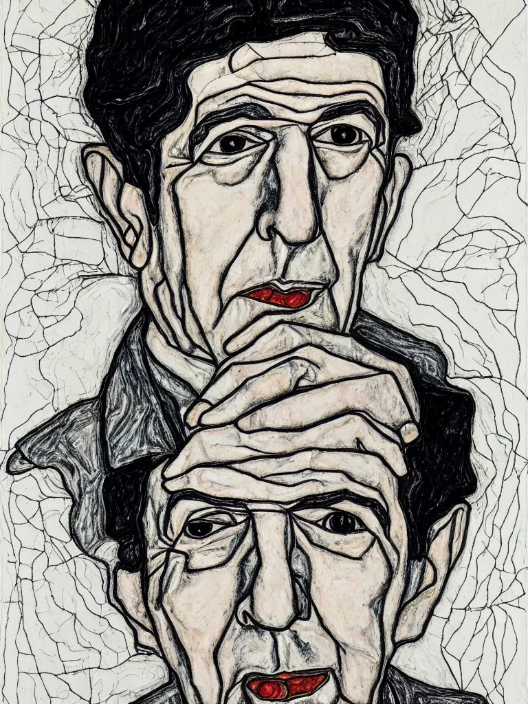 Image similar to a detailed line art portrait of writer leonard cohen, inspired by the work of egon schiele.