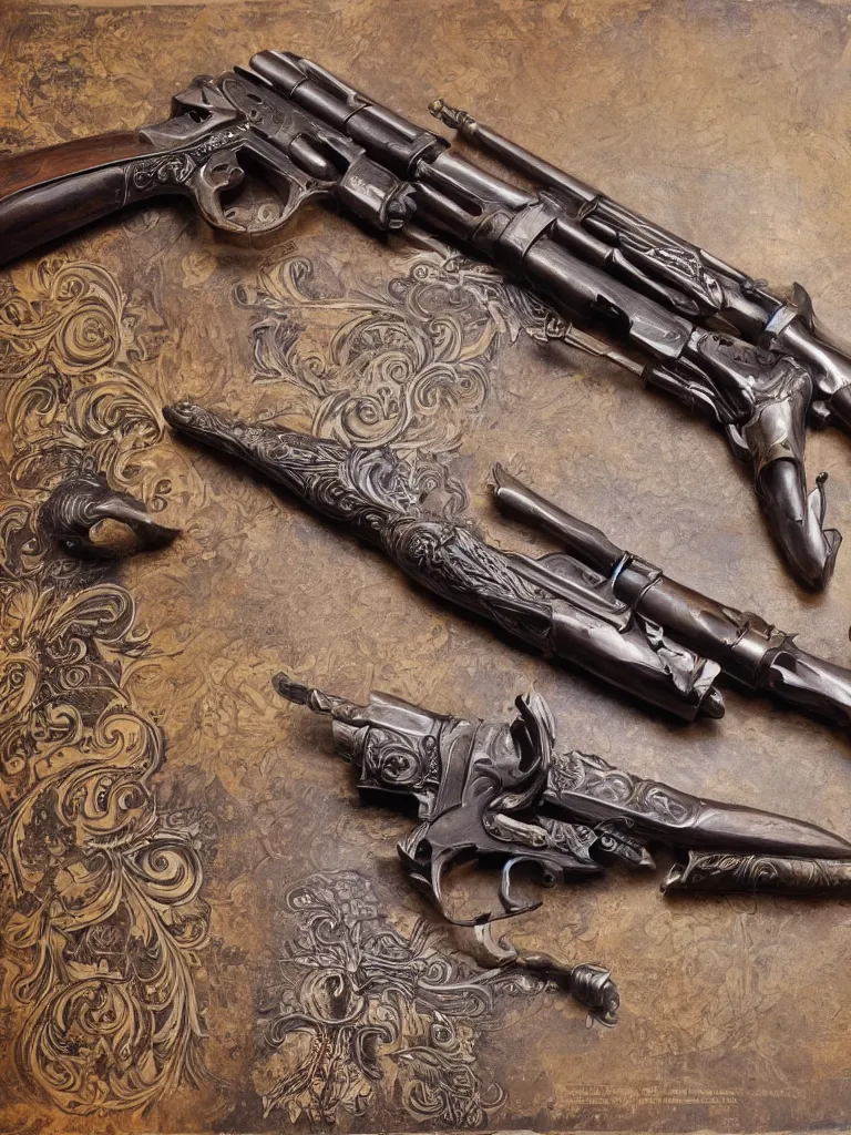 Prompt: carving of machine guns shotguns rifles revolvers bullets, dark vintage paperback cover, ultrarealistic, intricate details, 4k