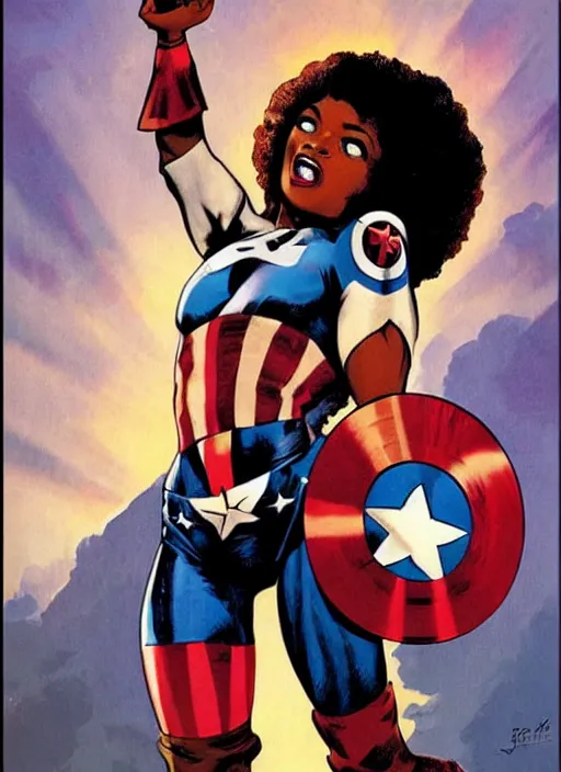 Image similar to beautiful black female captain america. afro - feminist captain america wins wwii. american wwii propaganda poster by james gurney, rob liefeld and pixar. gorgeous face. overwatch, realistic. black power