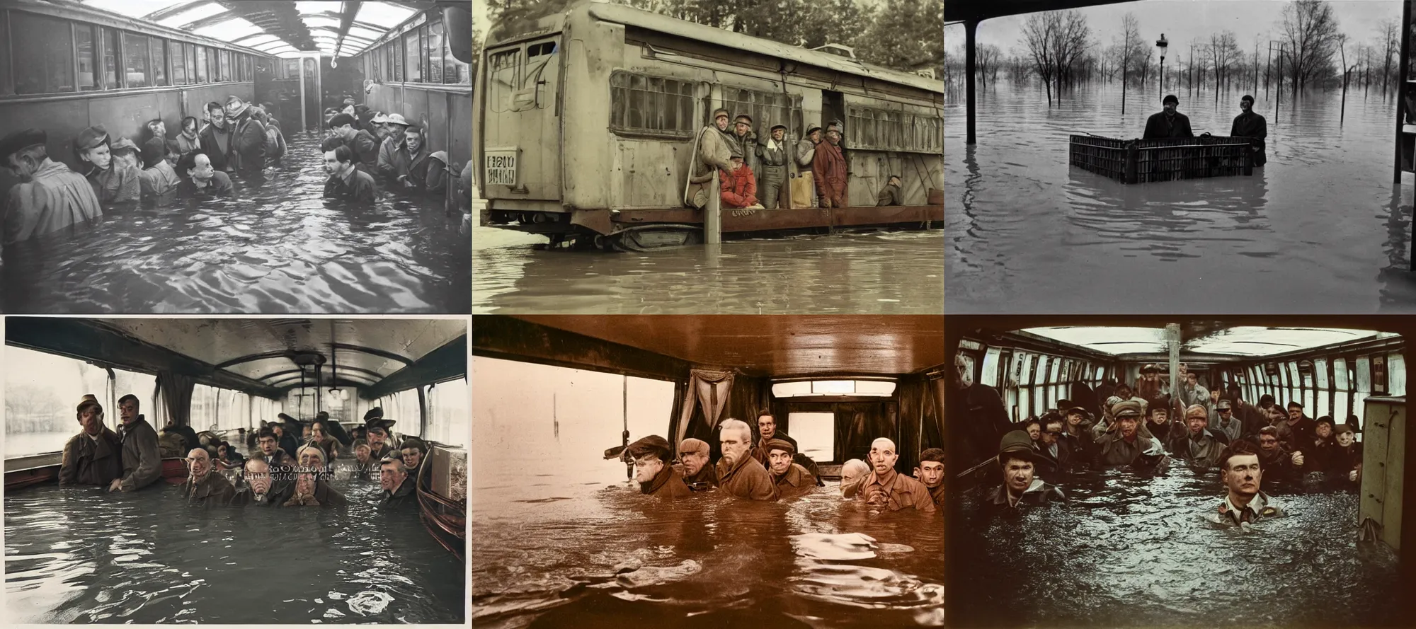 Prompt: Almost completely flooded metro wagon. Photo from inside the wagon, in the center of the frame stands one calm man up to his chest in water and looks at the camera. Warm lighting, old color photo, USSR, extremely detailed, 8k, vintage color