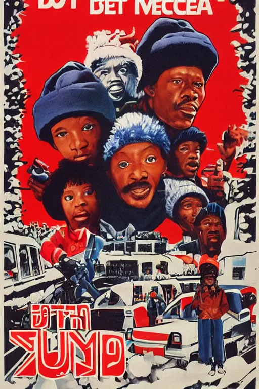 Image similar to poster the movie 1 9 8 8 ussr don't be a menace to south central while drinking your juice in the hood, perfect symmetrical eye, soviet russian winter fur hat with earflaps ushankas vodkra kremlin babushka communist