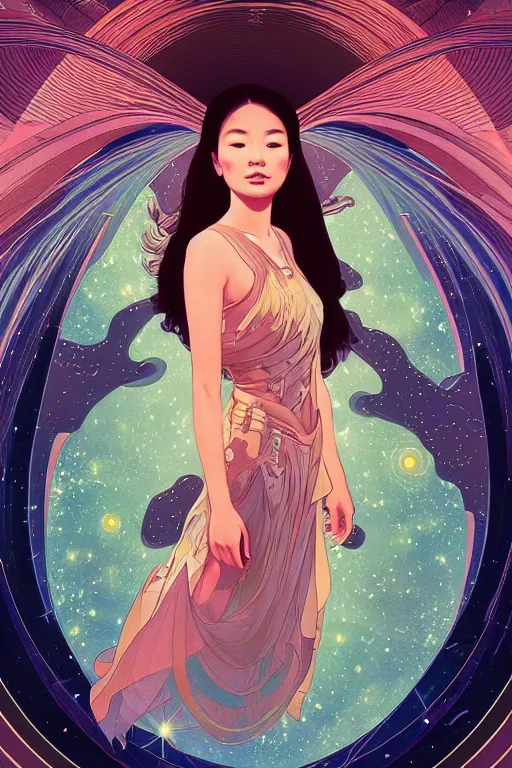 Image similar to edge of the universe, asian girl, space, stars, starship, digital art, smooth defined outlines, vector background, by brom, trending on artstation, alphonse mucha, tom bagshaw, sargent