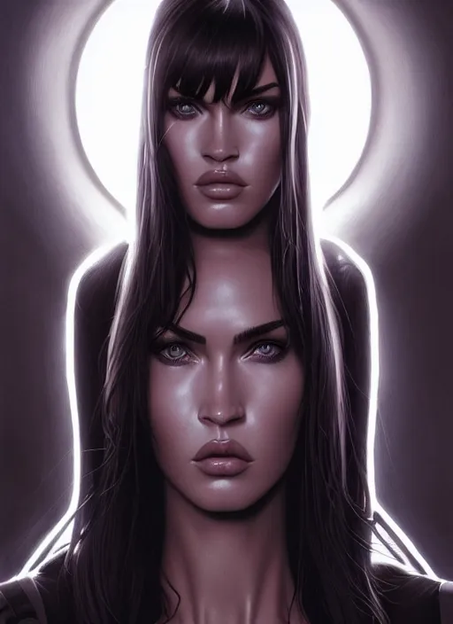 Image similar to symmetry!! gantz portrait of megan fox, unholy, intricate, highly detailed, dynamic lighting, digital art, digital painting, artstation, terence nielsen, sharp focus, illustration, art by artgerm and greg rutkowski and moebius, 8 k