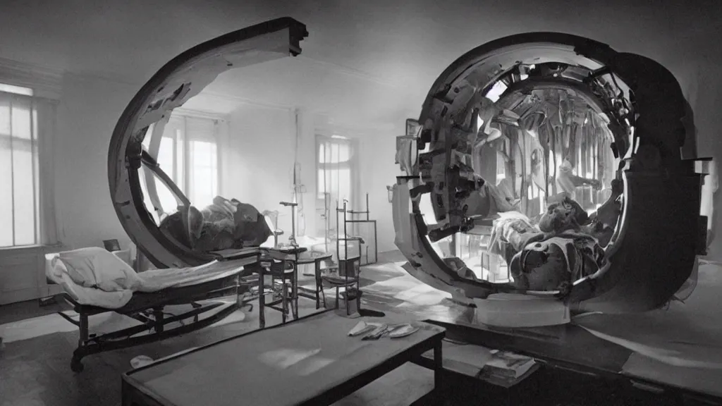 Image similar to an mri section of james cavell in the living room, film still from the movie directed by denis villeneuve with art direction by salvador dali, wide lens