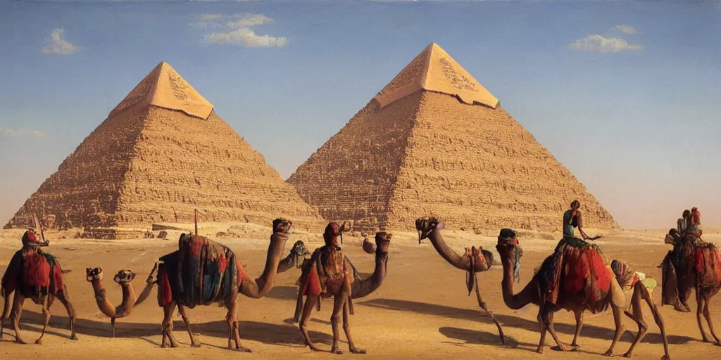Prompt: An Egyptian pyramid stands behind an abandoned cistern, a caravan of camels approaches in the distance, very detailed oil painting, hyperrealistic