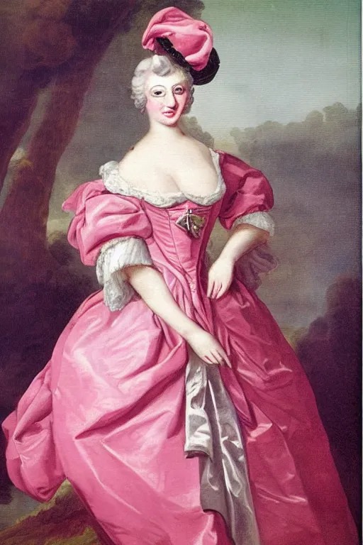 Image similar to 1780s oil painting portrait of a drag queen (man in drag) in glamorous extravagant pink rococo ladies fashion