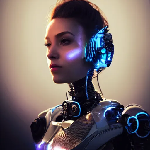 Image similar to a beautiful woman wearing robot suit with wires and light, highly detailed, photorealistic, artstation, smooth